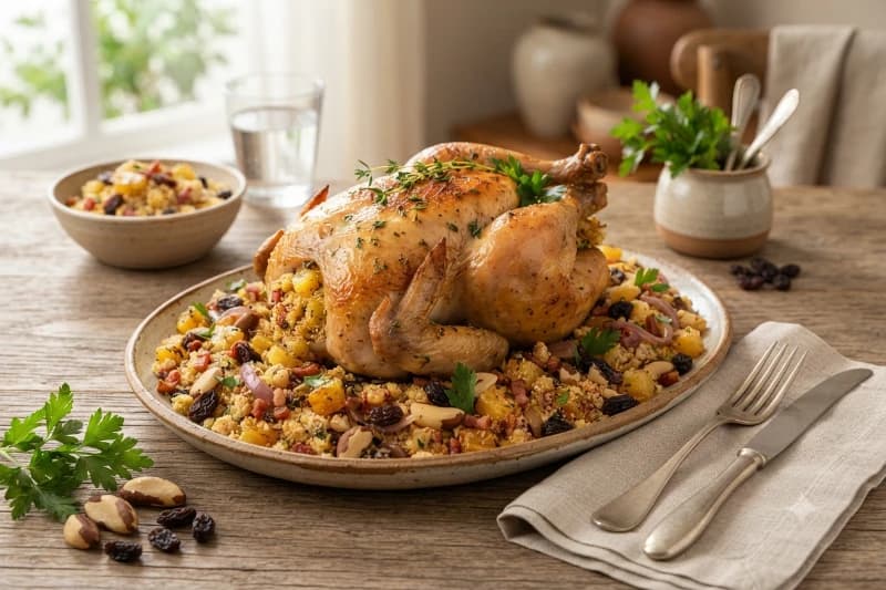 Frango Assado com Farofa de Abacaxi