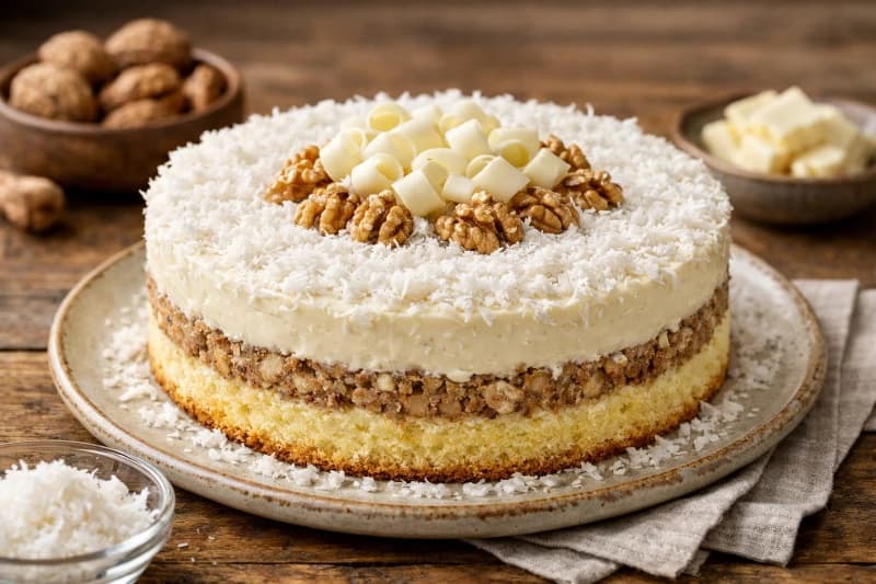 Torta Natalina de Coco, Nozes e Chocolate Branco