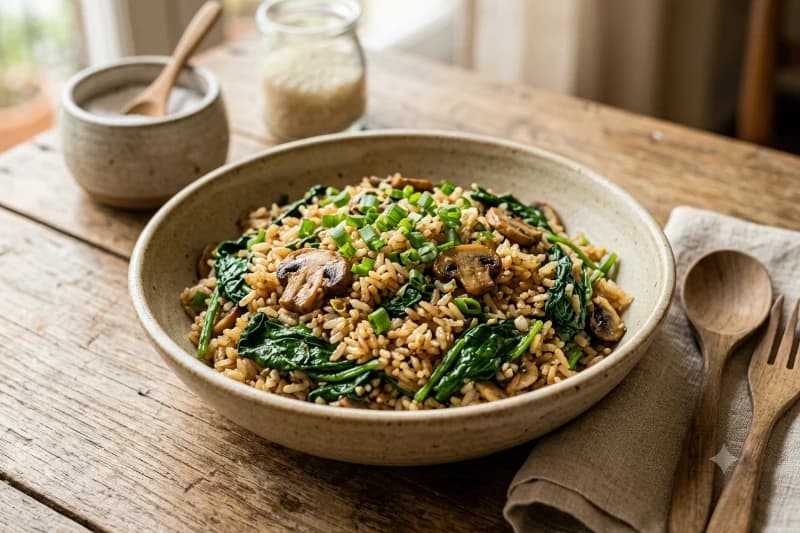 Arroz Frito com Espinafre e Cogumelos