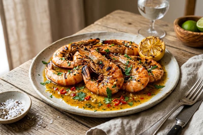 Camarão Grelhado com Molho Picante de Limão e Margarina