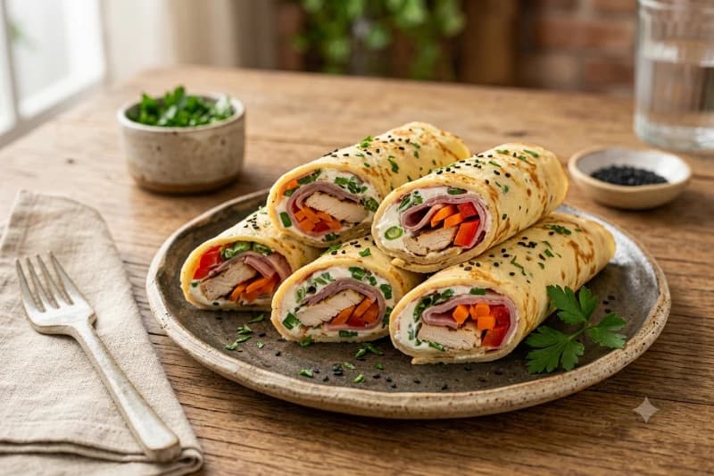 Rolinhos de Panqueca Recheados com Frango e Parma