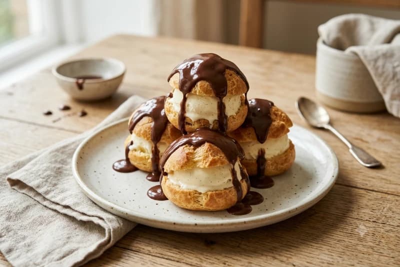 Profiteroles Clássicos com Sorvete e Calda Quente de Chocolate