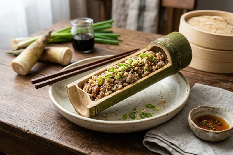 Carne de Porco Moída no Bambu