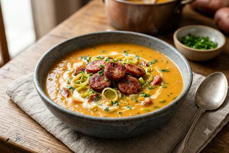 Sopa Creme de Batata-Doce com Linguiça Blumenau e Alho-Poró