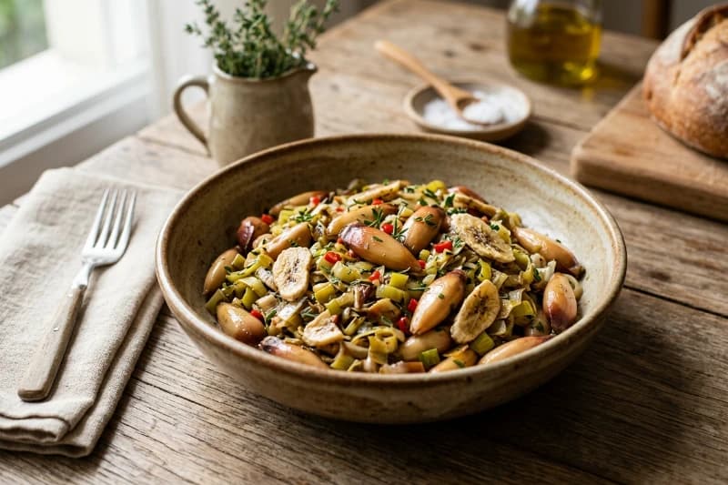 Pinhão Sauté com Alho-Poró, Ervas Finas e Banana-Passa
