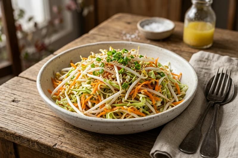 Salada Refrescante de Broto de Feijão com Cenoura e Repolho