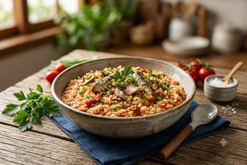 Arroz Cremoso com Sardinha e Molho de Tomate