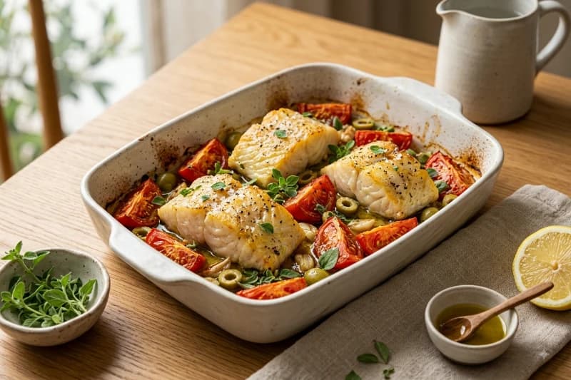 Filés de Bacalhau ao Forno com Tomates, Orégano e Azeite