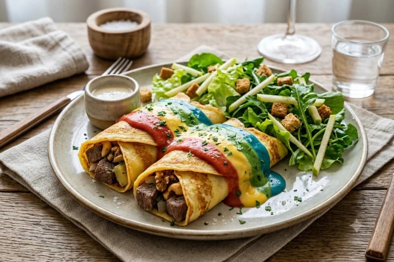 Panqueca de Mignon com Molho de Queijo Colorido e Salada Verde