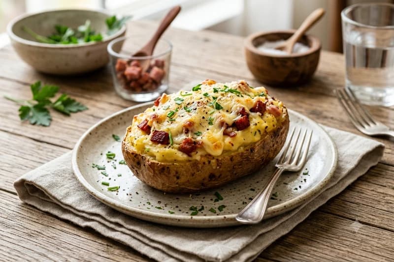 Batata Recheada com Calabresa, Bacon e Requeijão
