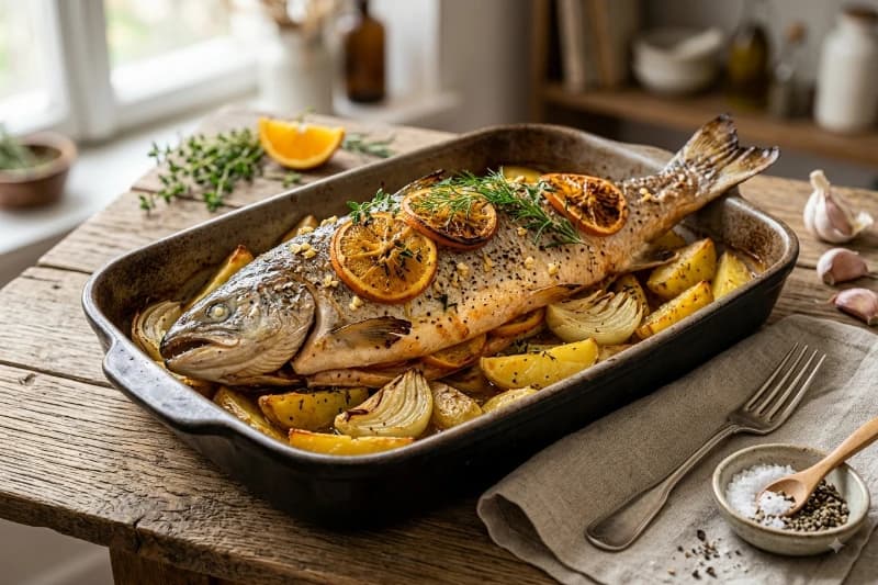 Salmão Assado Inteiro com Batatas e Laranja