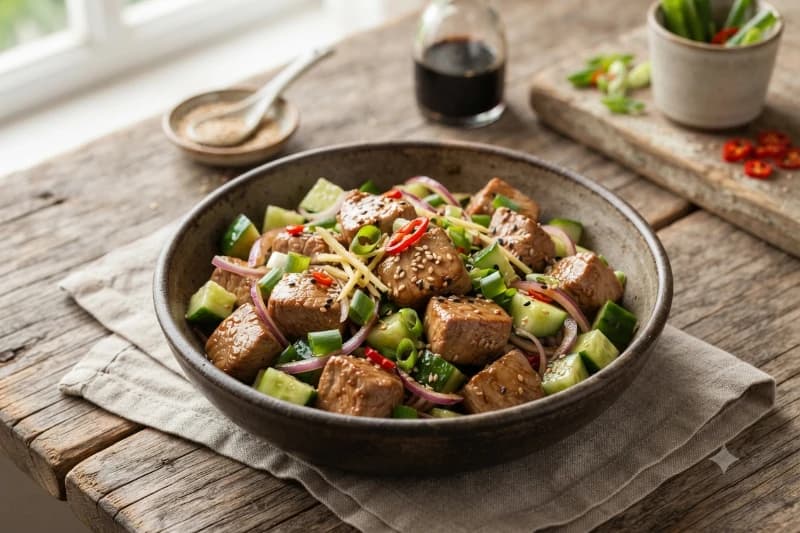 Lombo de Porco com Pepino ao Molho de Shoyu e Gergelim